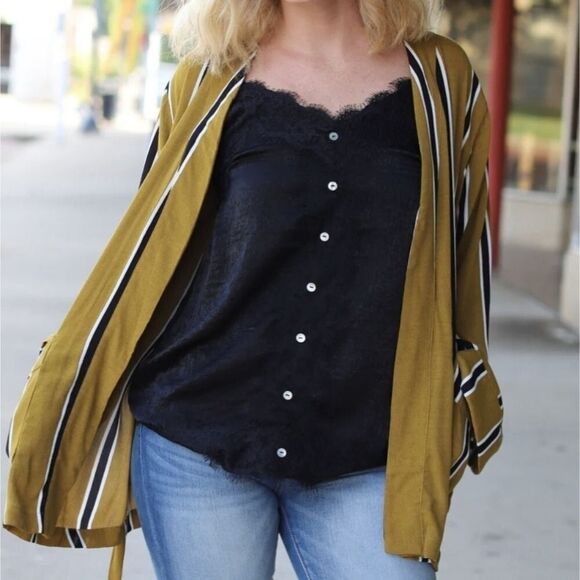 Olivaceous Striped Belted Open Cardigan Mustard Size M Medium - Picture 3 of 10